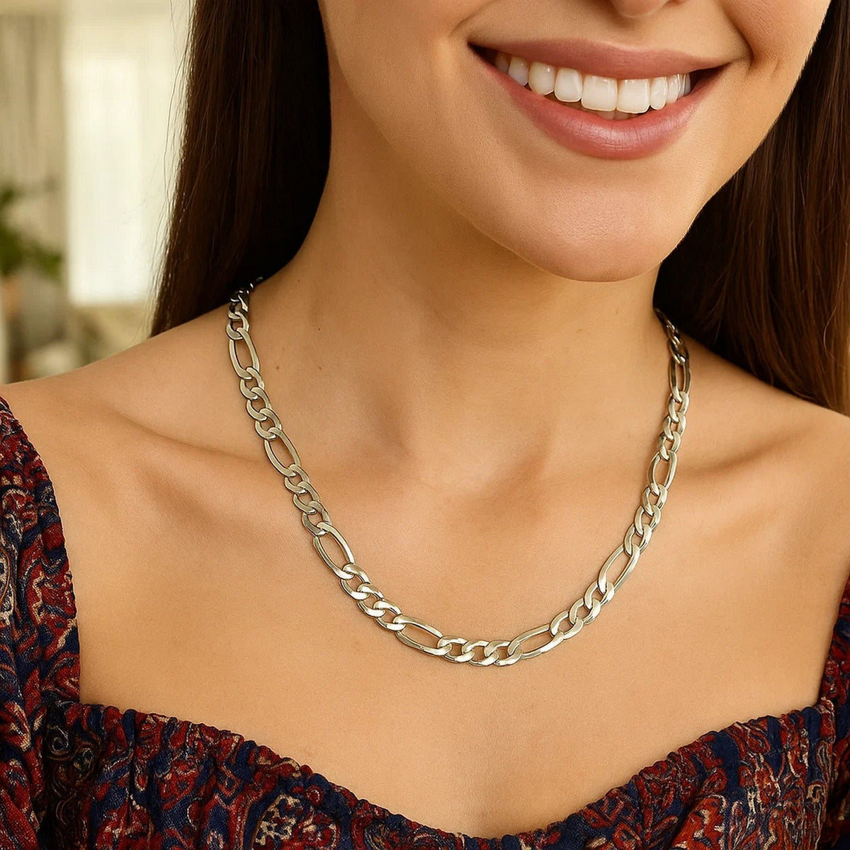 Figaro Style Chain in Rhodium-Plated Sterling Silver (8.10 mm)