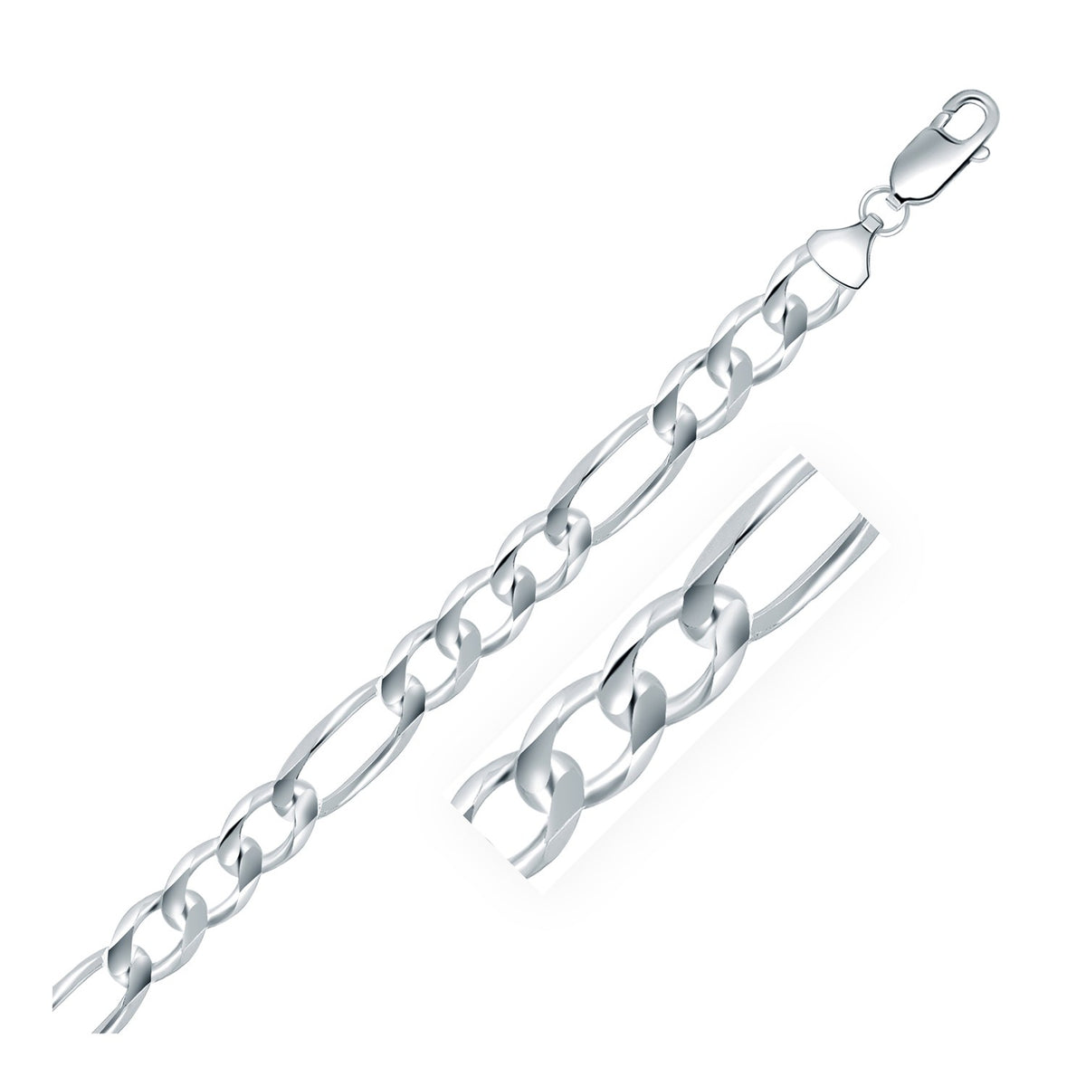 Rhodium Plated 8.8mm Figaro Style Chain in Sterling Silver (8.80 mm)