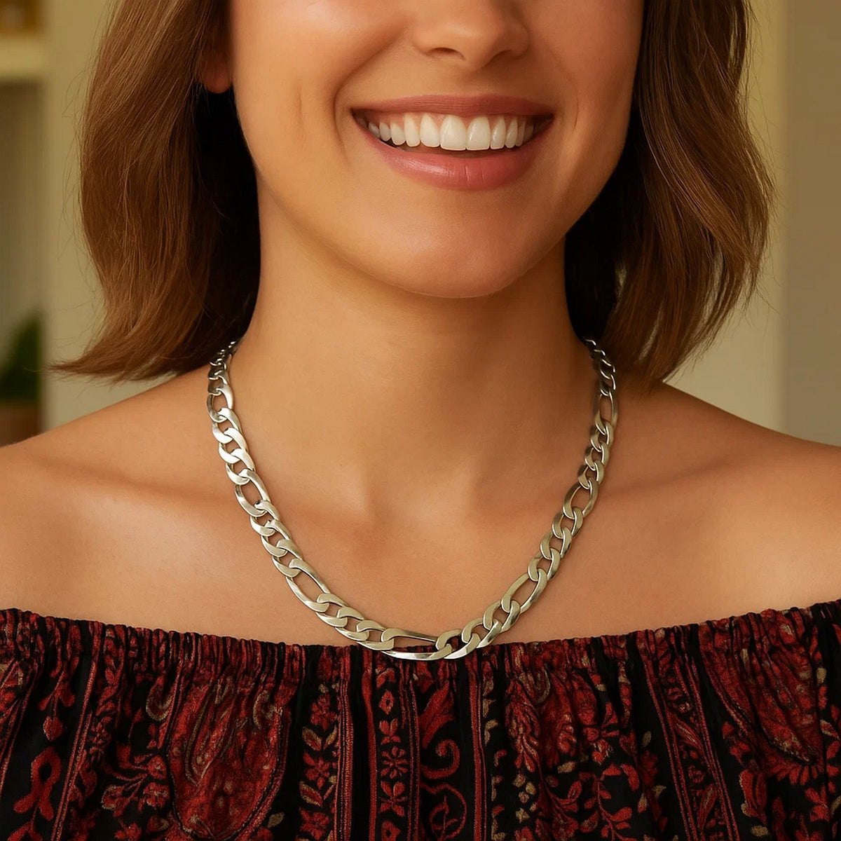 Rhodium Plated 8.8mm Figaro Style Chain in Sterling Silver (8.80 mm)