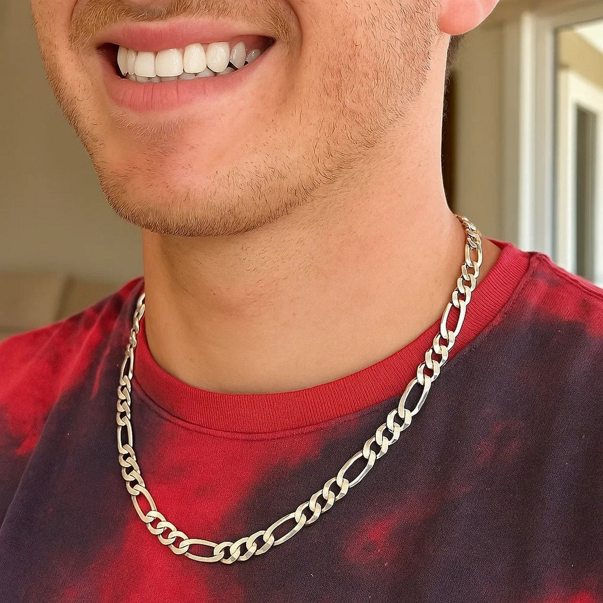 Rhodium Plated 8.8mm Figaro Style Chain in Sterling Silver (8.80 mm)