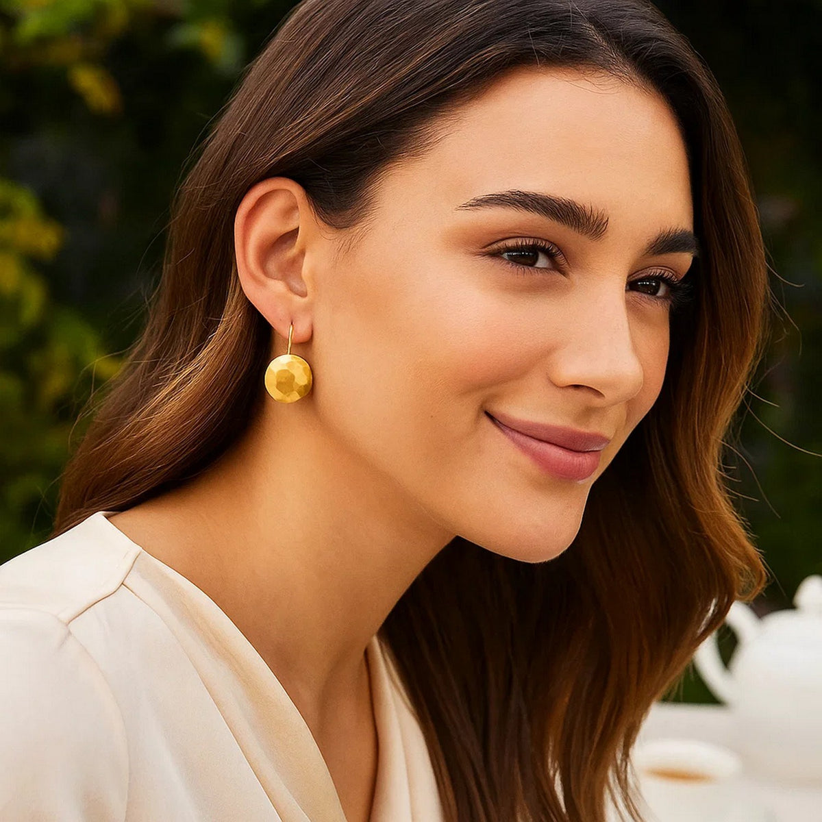 Hammered Disc Drop Earrings in 14K Yellow Gold, worn