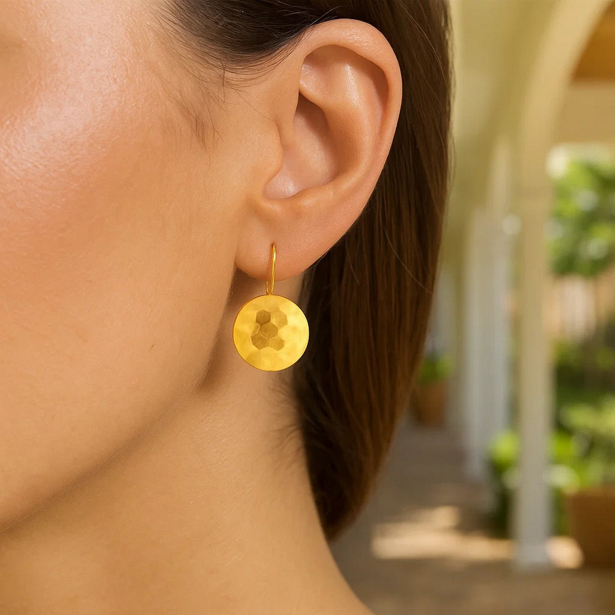 Hammered Disc Drop Earrings in 14K Yellow Gold, worn