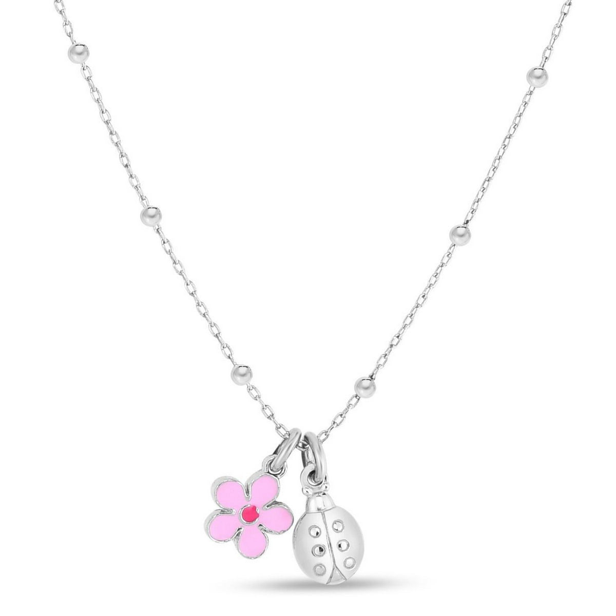 Enamel Flower and Ladybug Necklace in Rhodium-Plated Sterling Silver