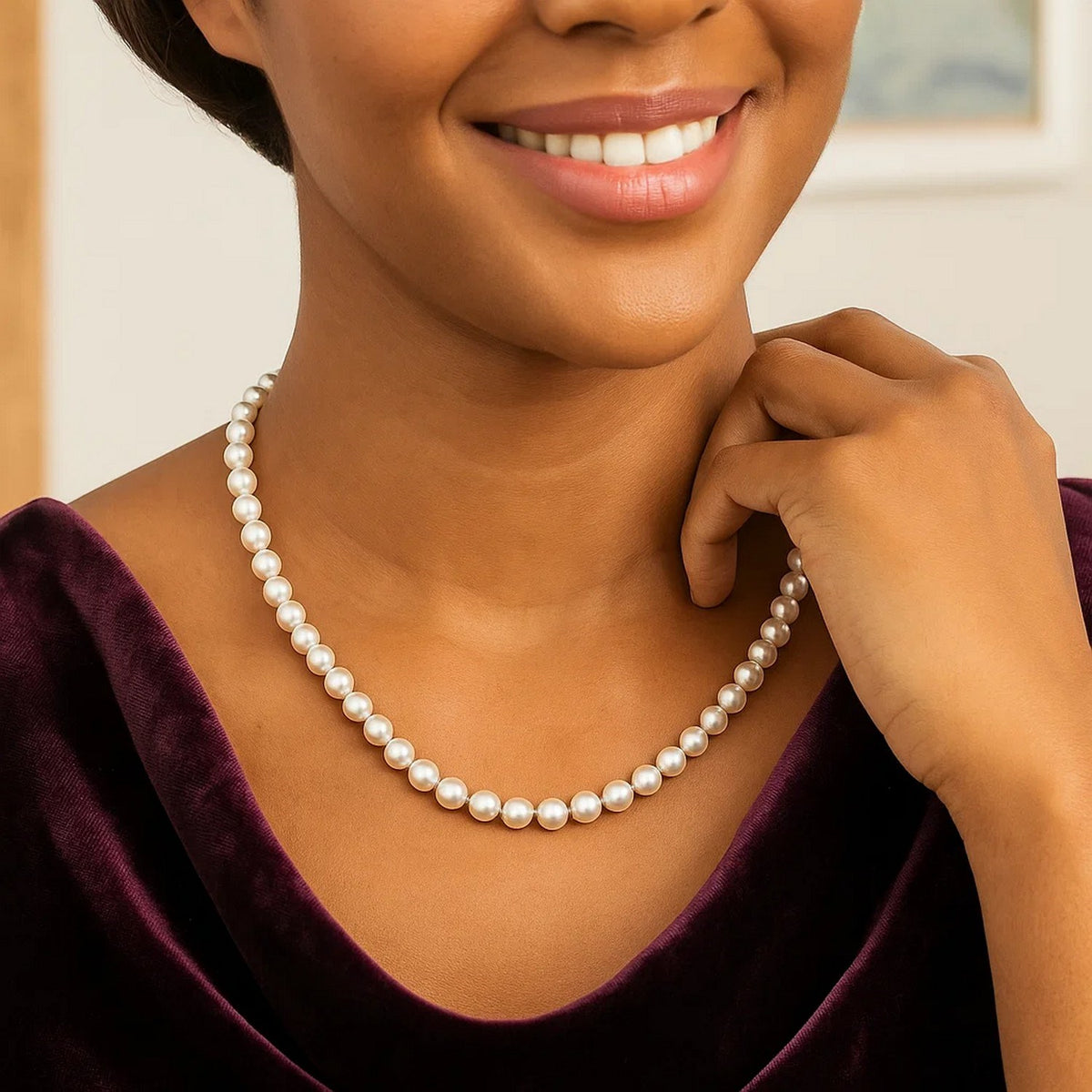 White Freshwater Pearl Strand Necklace in 14K Yellow Gold, worn