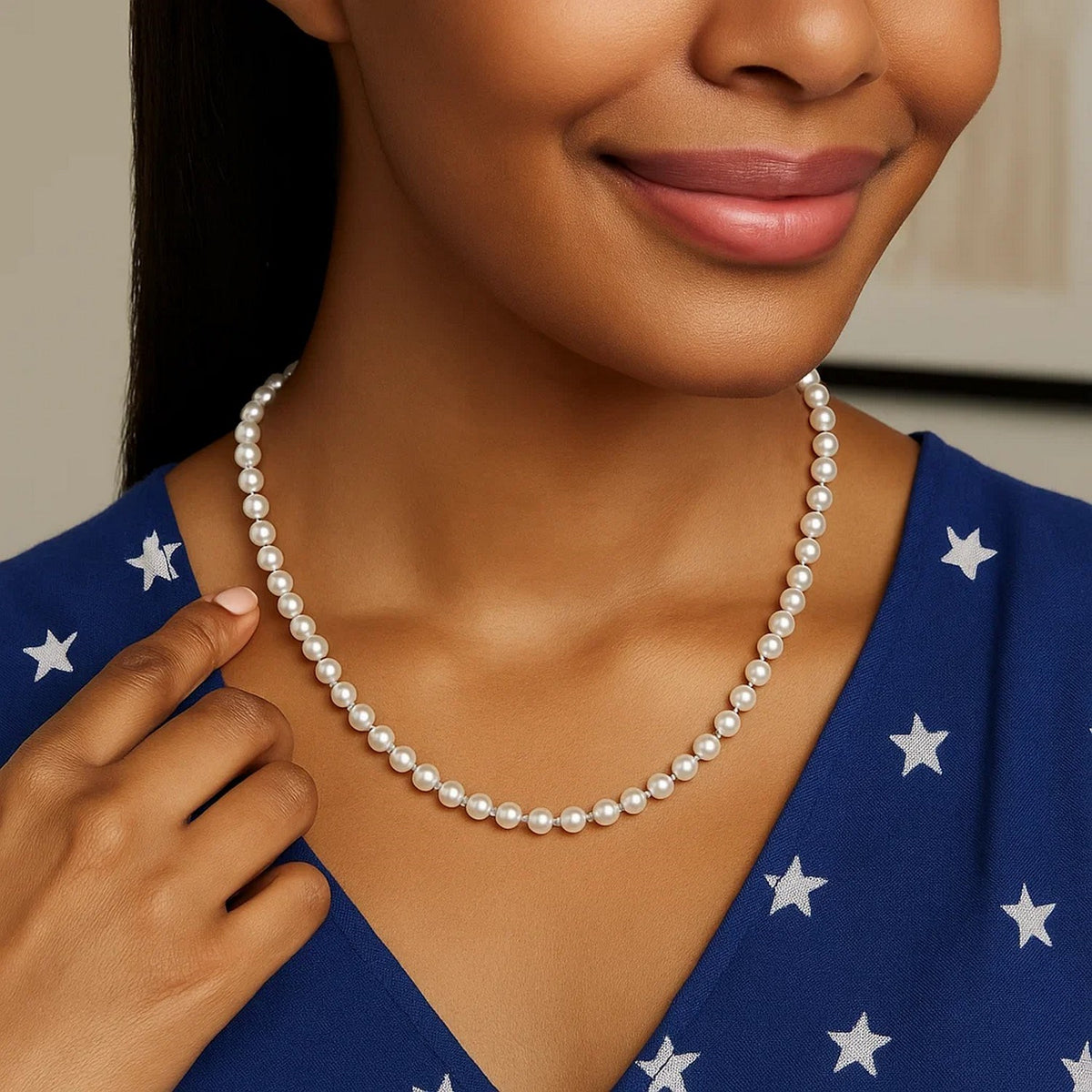 White Freshwater Pearl Strand Necklace in 14K Yellow Gold, worn
