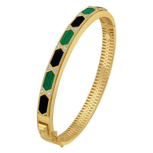 Black Onyx, Malachite & Diamond Hexagon Bangle in 14K Yellow Gold
