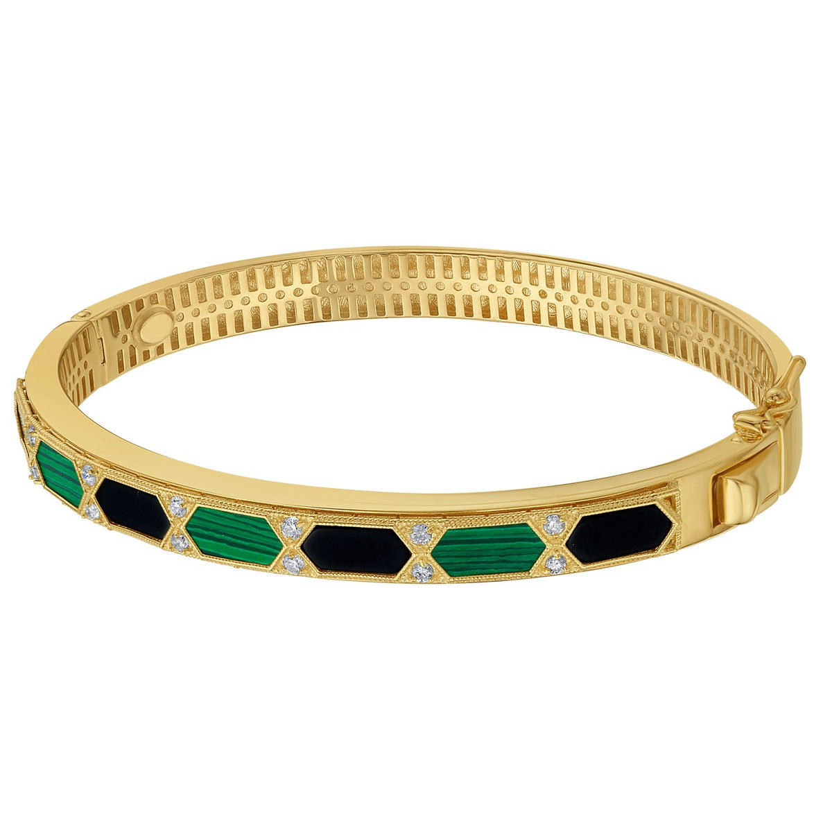 Black Onyx, Malachite & Diamond Hexagon Bangle in 14K Yellow Gold