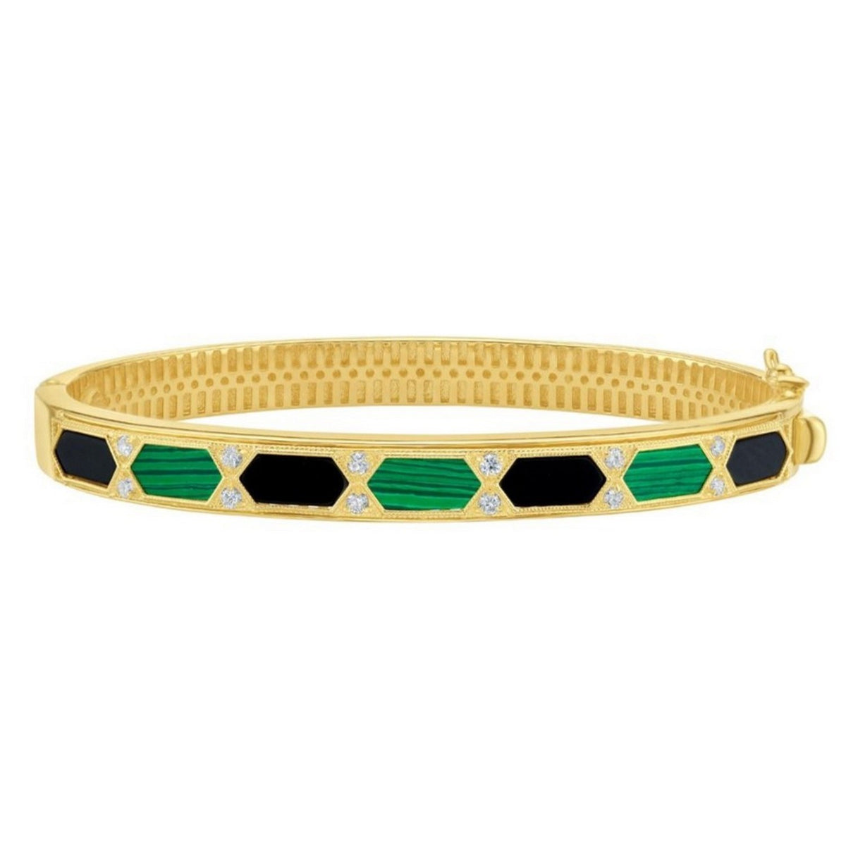 Black Onyx, Malachite & Diamond Hexagon Bangle in 14K Yellow Gold