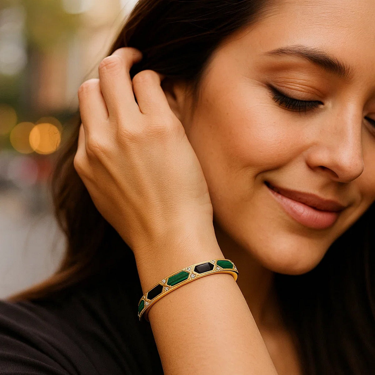Black Onyx, Malachite & Diamond Hexagon Bangle in 14K Yellow Gold, worn