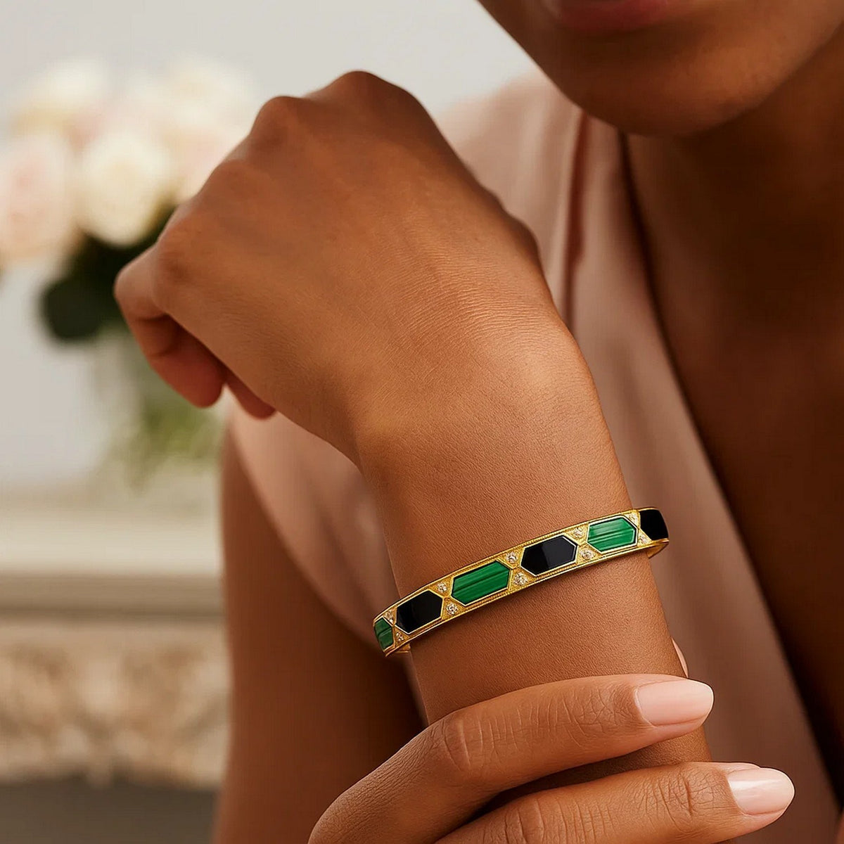 Black Onyx, Malachite & Diamond Hexagon Bangle in 14K Yellow Gold, worn