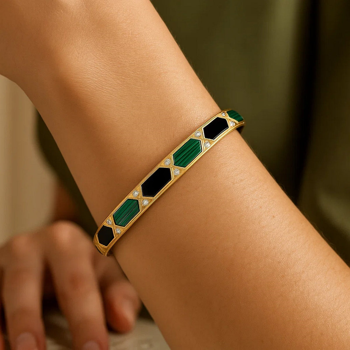 Black Onyx, Malachite & Diamond Hexagon Bangle in 14K Yellow Gold, worn