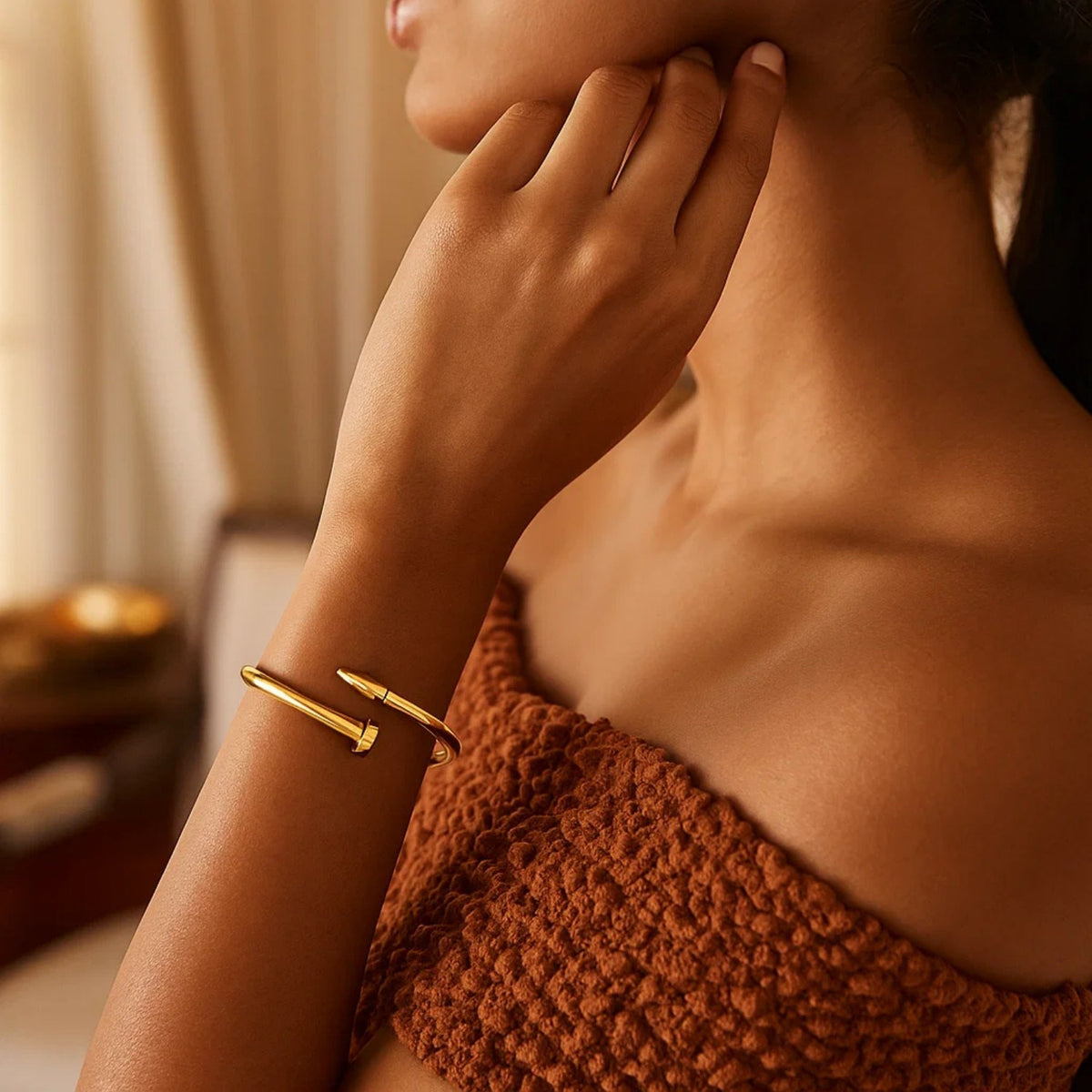 Nail Head Bypass Cuff Bangle in 14K Yellow Gold, worn