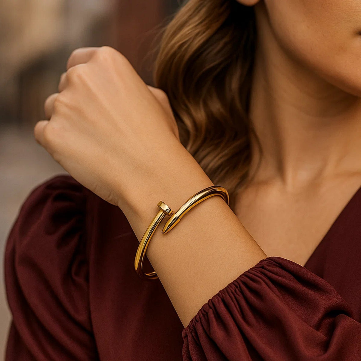 Nail Head Bypass Cuff Bangle in 14K Yellow Gold, worn
