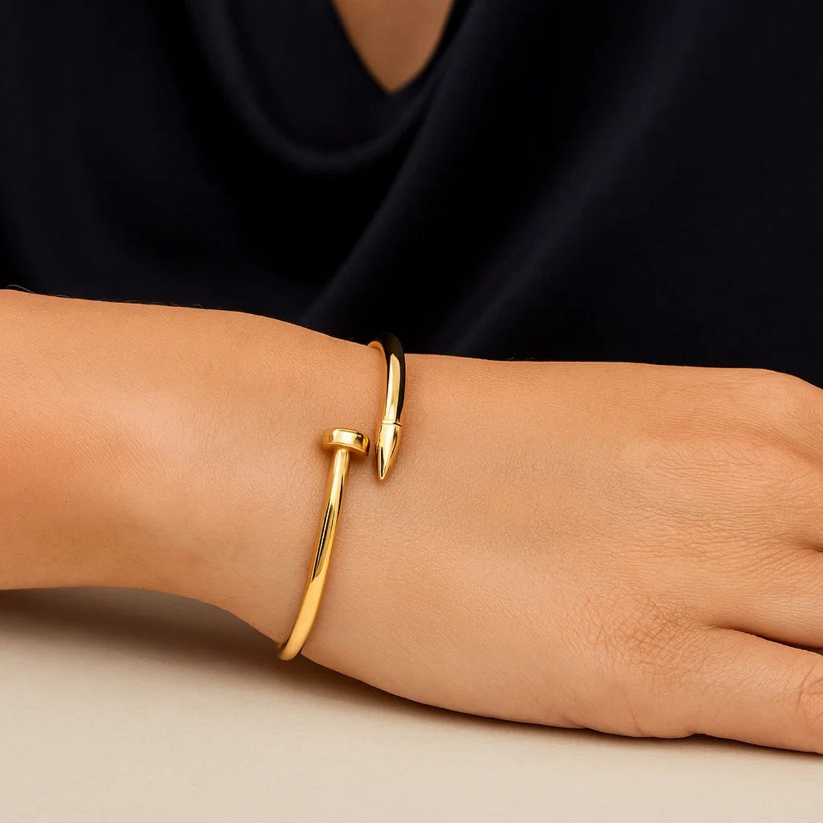 Nail Head Bypass Cuff Bangle in 14K Yellow Gold, worn