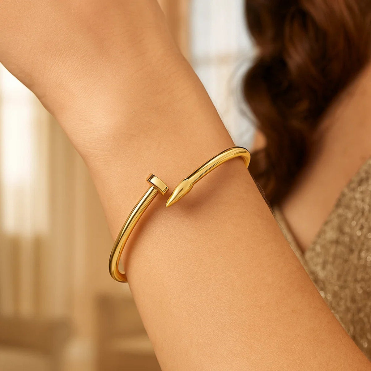 Nail Head Bypass Cuff Bangle in 14K Yellow Gold, worn