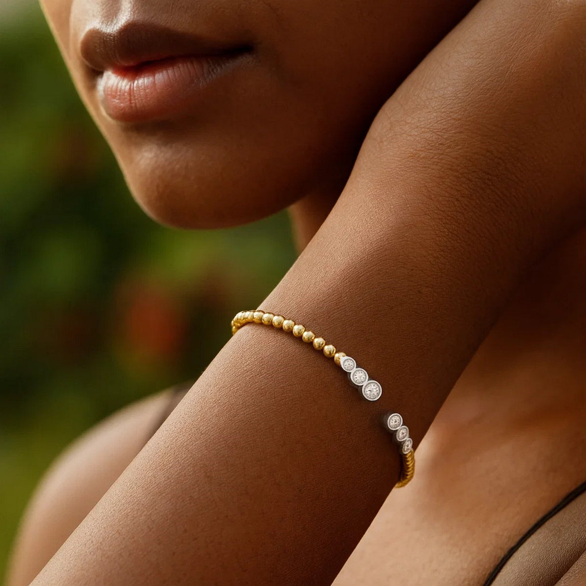 Beaded Diamond Cuff Bangle in 14K Two-Tone Gold, worn