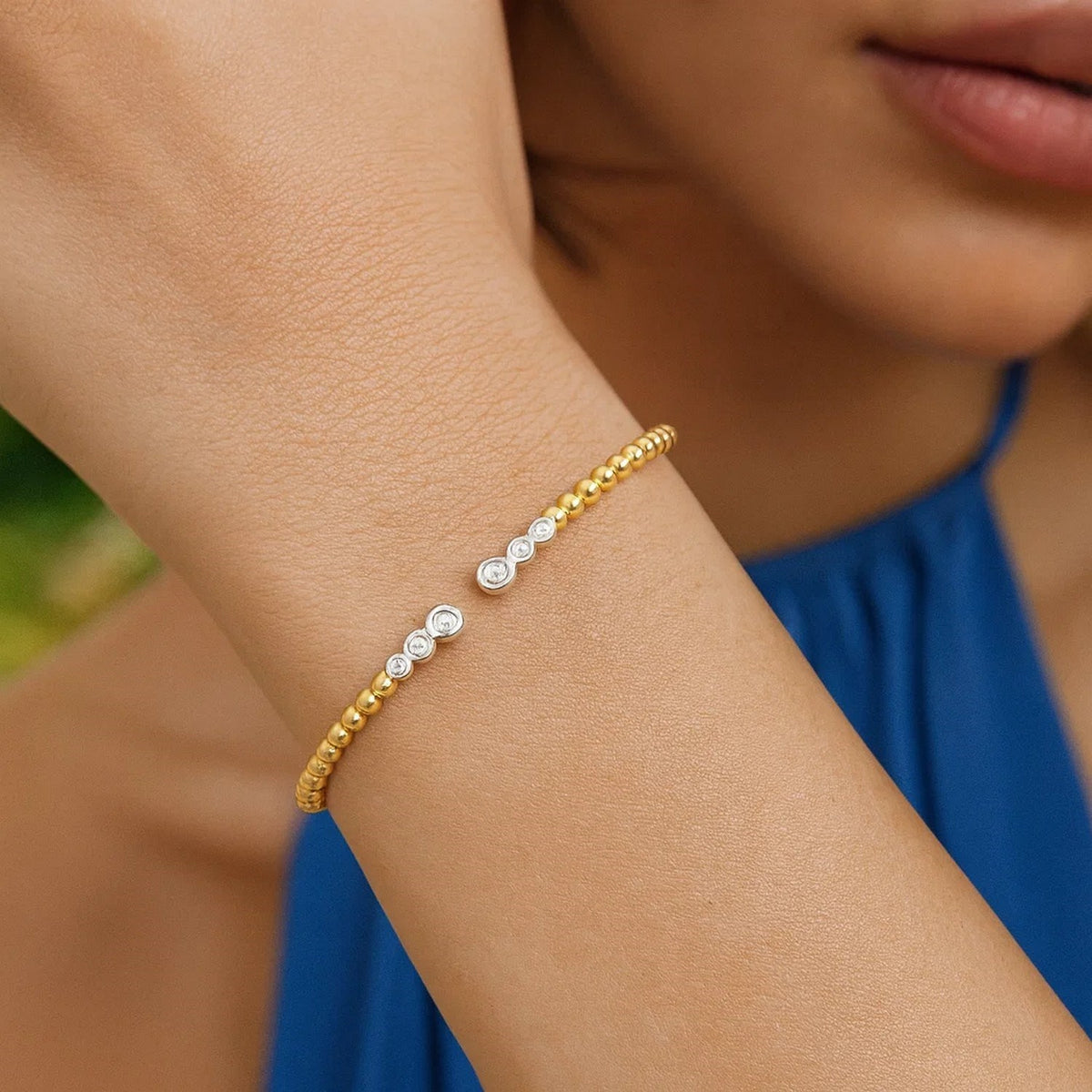 Beaded Diamond Cuff Bangle in 14K Two-Tone Gold, worn