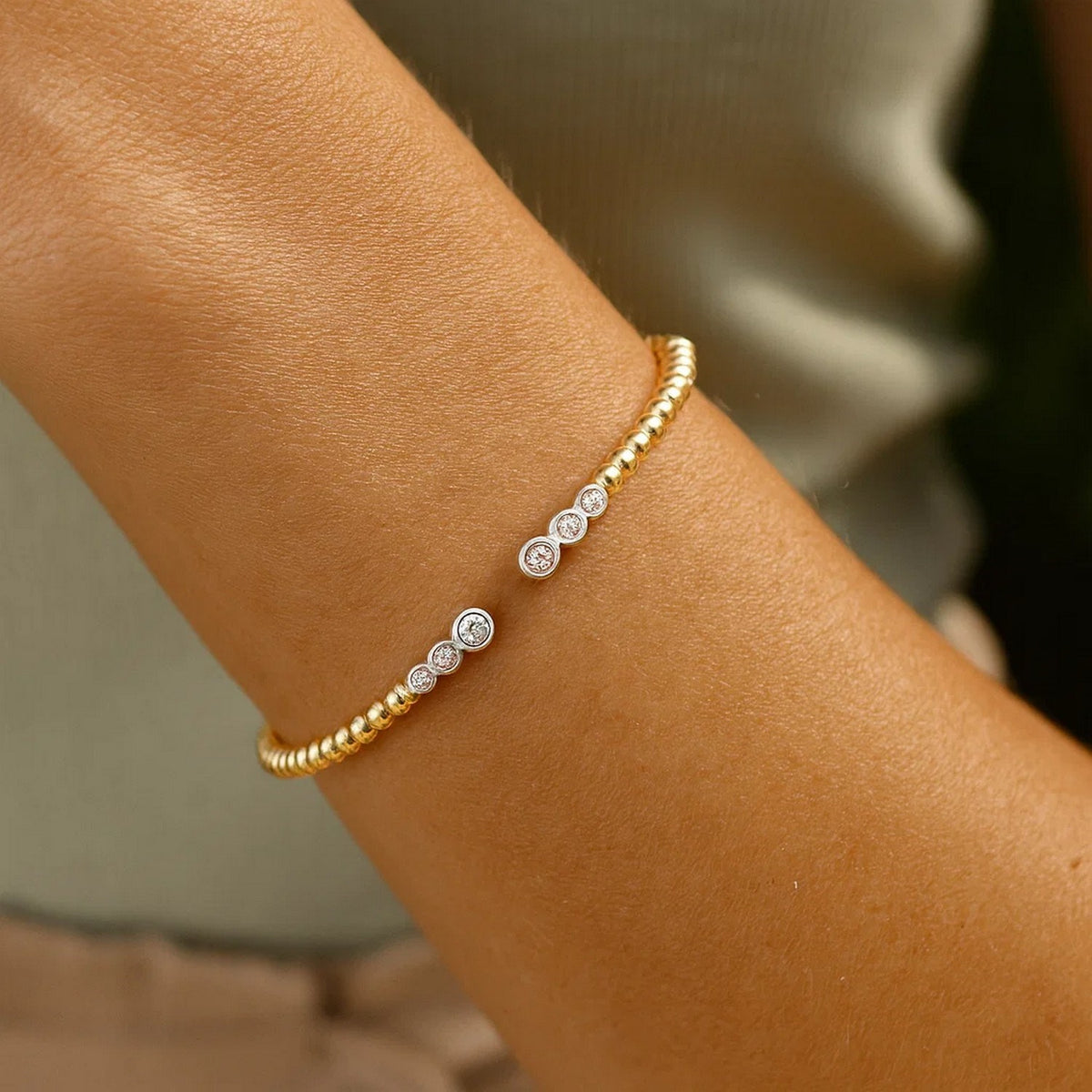 Beaded Diamond Cuff Bangle in 14K Two-Tone Gold, worn