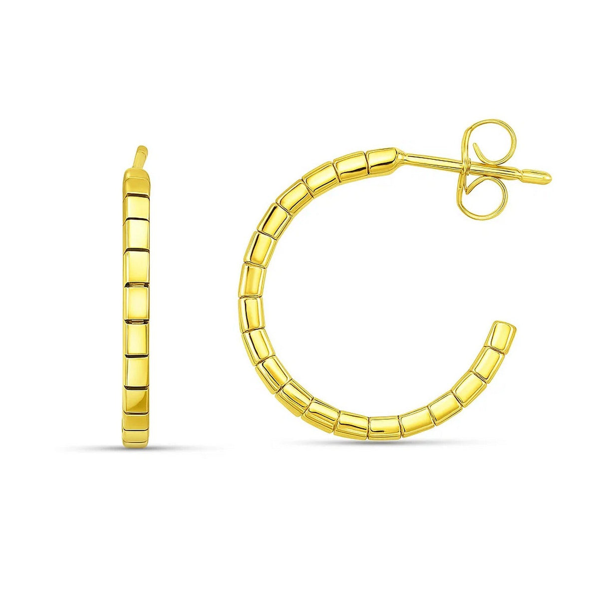 Brick Pattern C-Hoop Earrings in 14K Yellow Gold