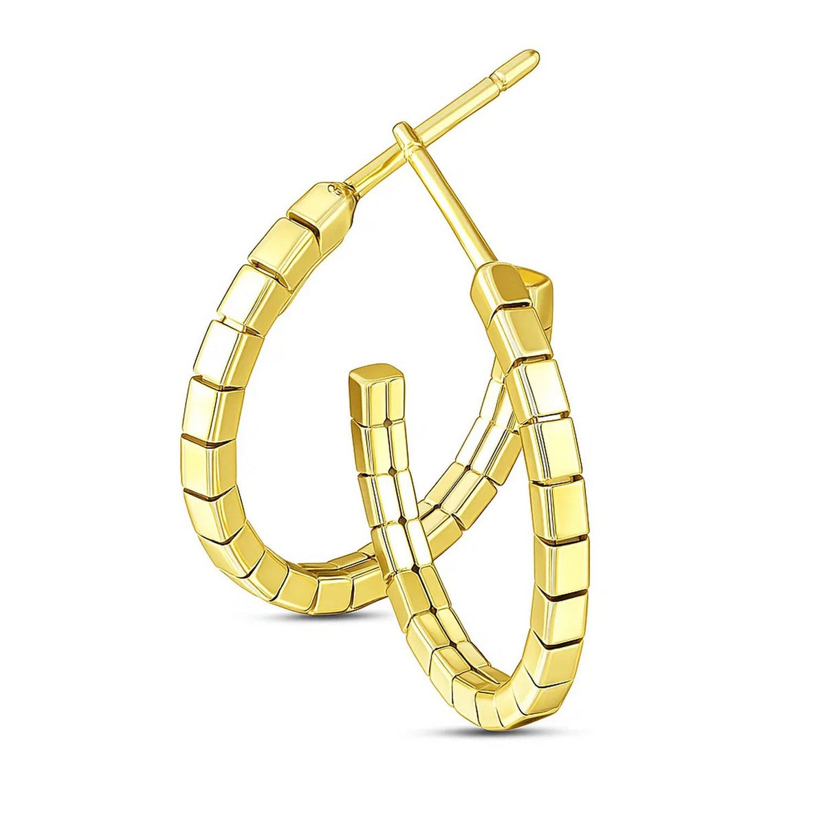 Brick Pattern C-Hoop Earrings in 14K Yellow Gold