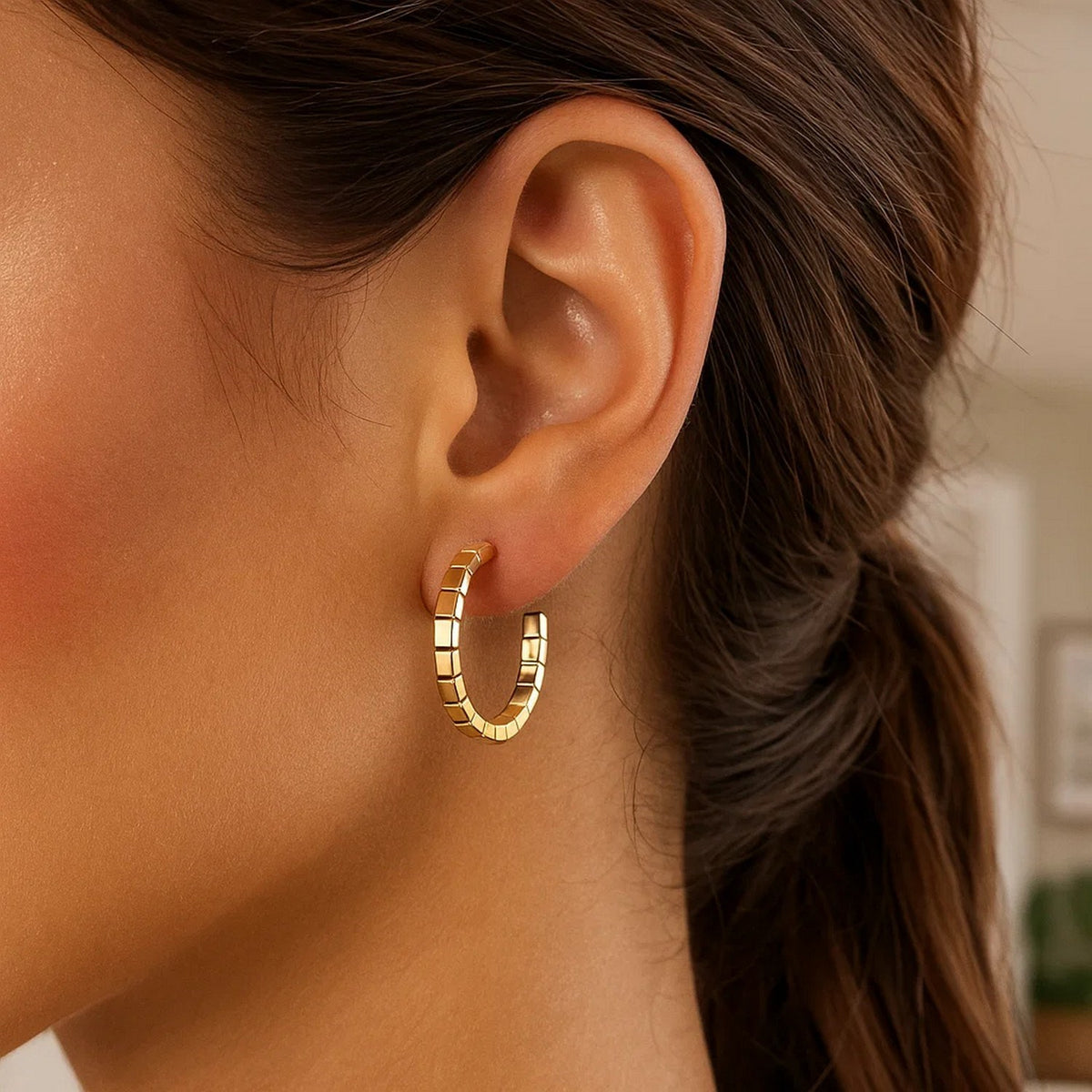 Brick Pattern C-Hoop Earrings in 14K Yellow Gold, worn