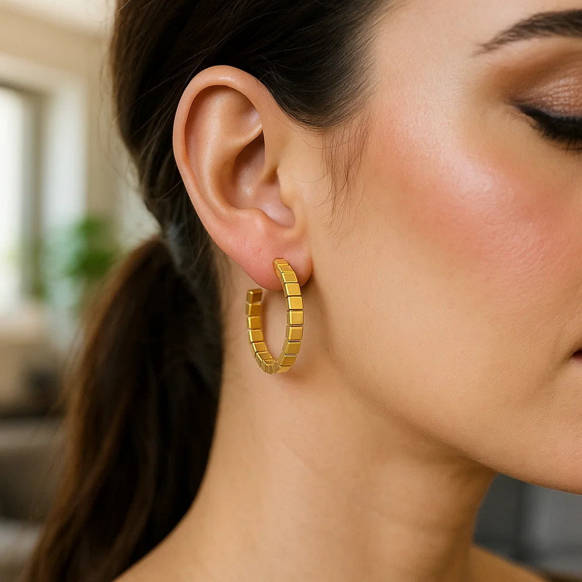 Brick Pattern C-Hoop Earrings in 14K Yellow Gold, worn