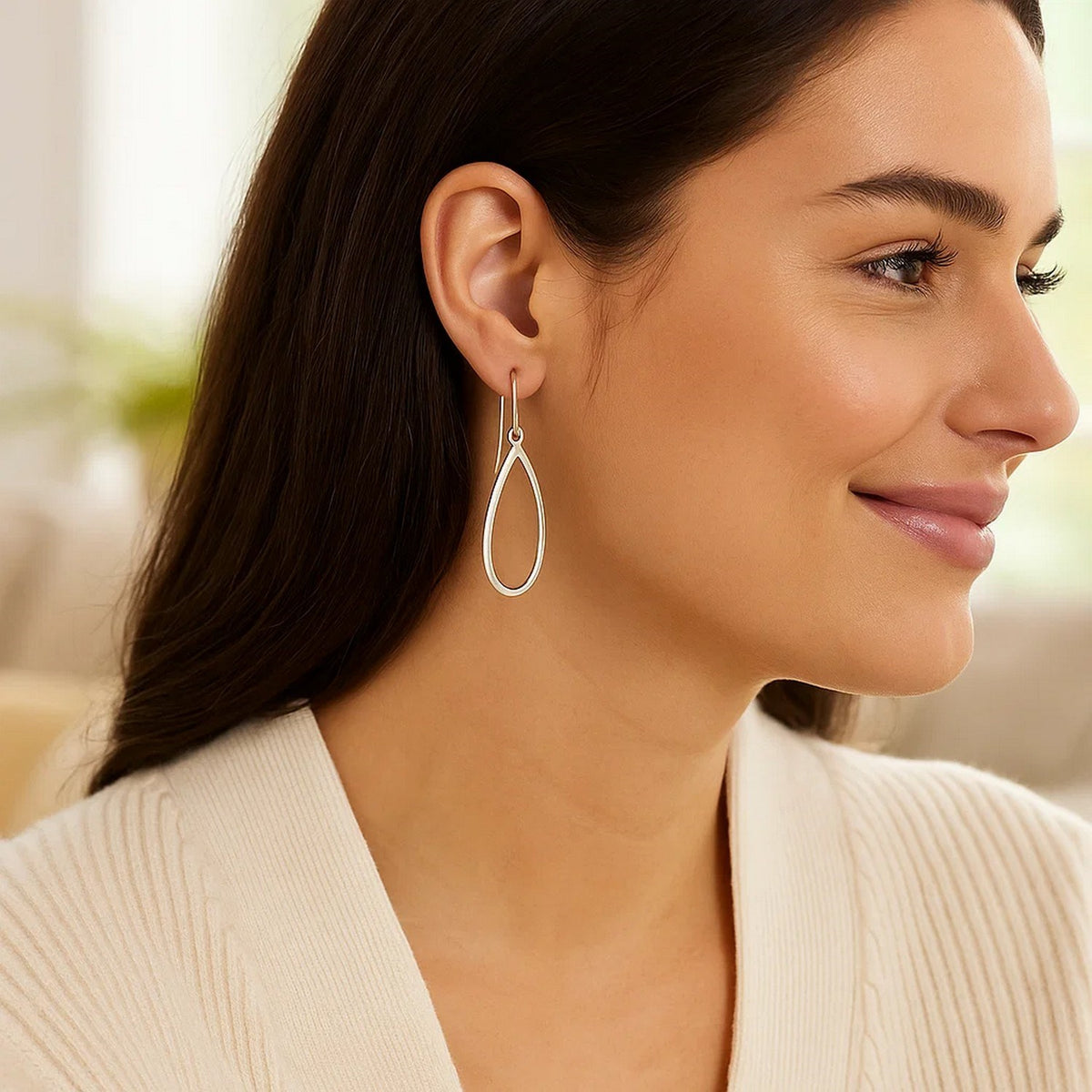 Open Teardrop Drop Earrings in 14K White Gold, worn