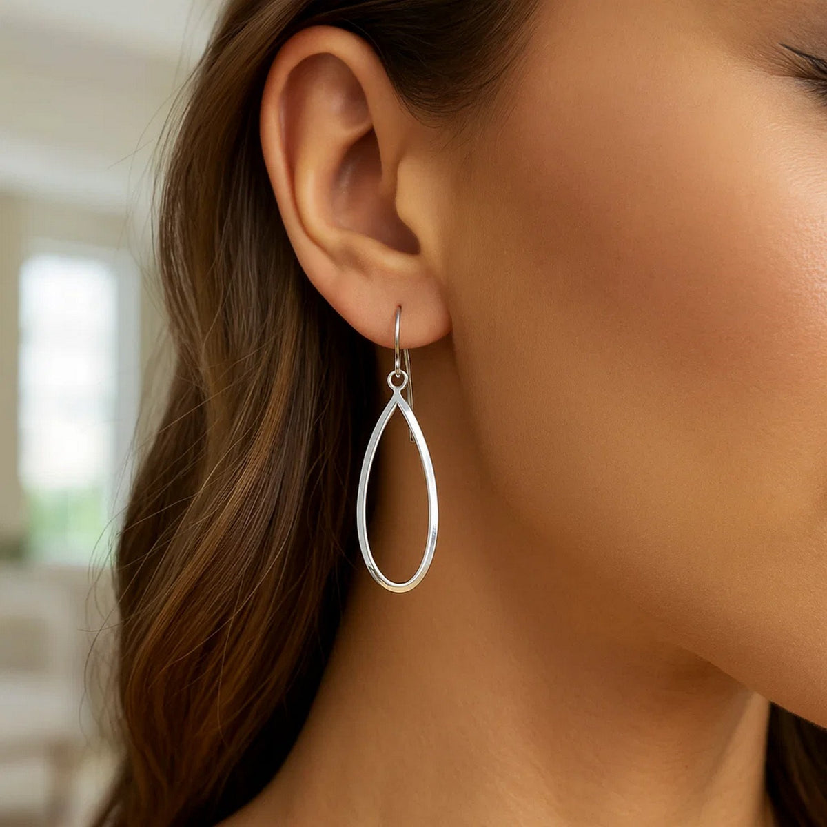 Open Teardrop Drop Earrings in 14K White Gold, worn