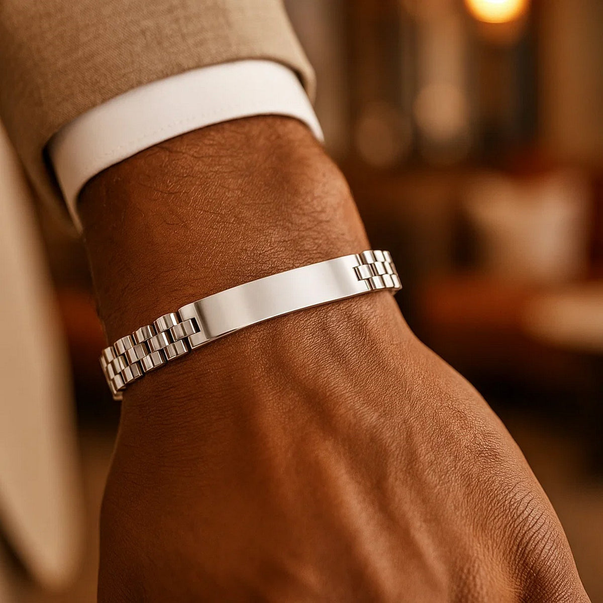 Railroad Chain ID Bracelet in Rhodium-Plated Silver
