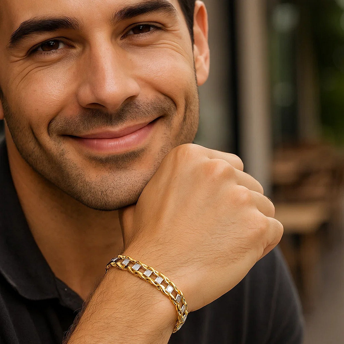 Men's Curved Bar Link Bracelet in 14K Two-Tone Gold, worn