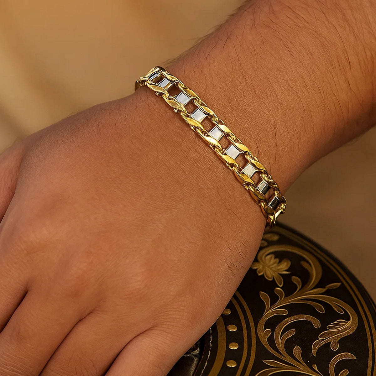 Men's Curved Bar Link Bracelet in 14K Two-Tone Gold, worn