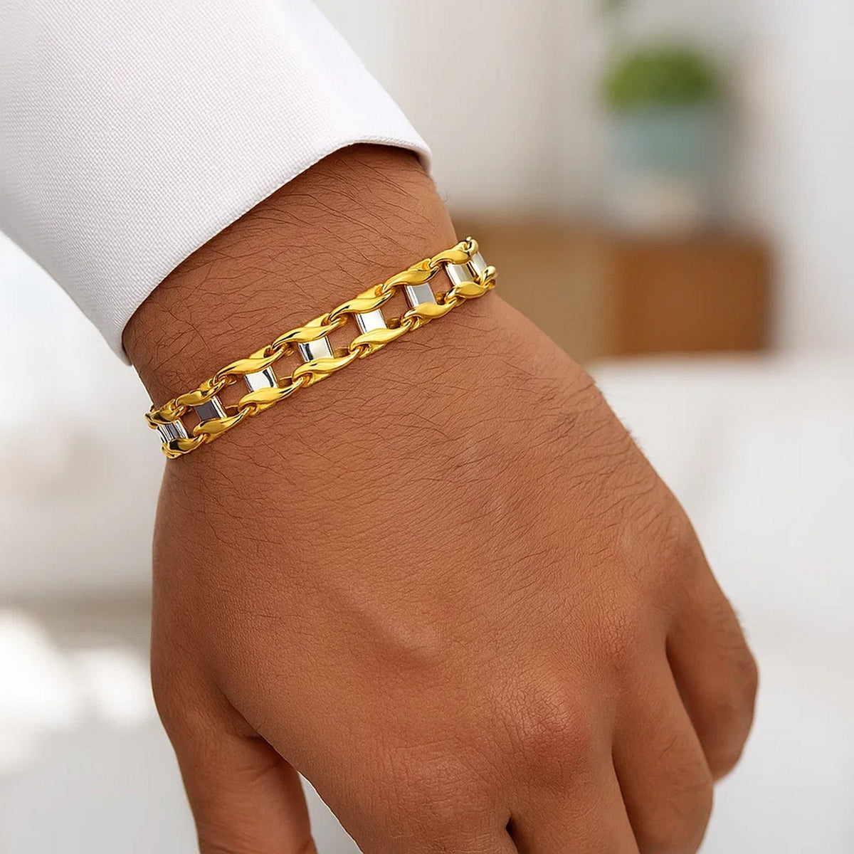 Men's Curved Bar Link Bracelet in 14K Two-Tone Gold, worn