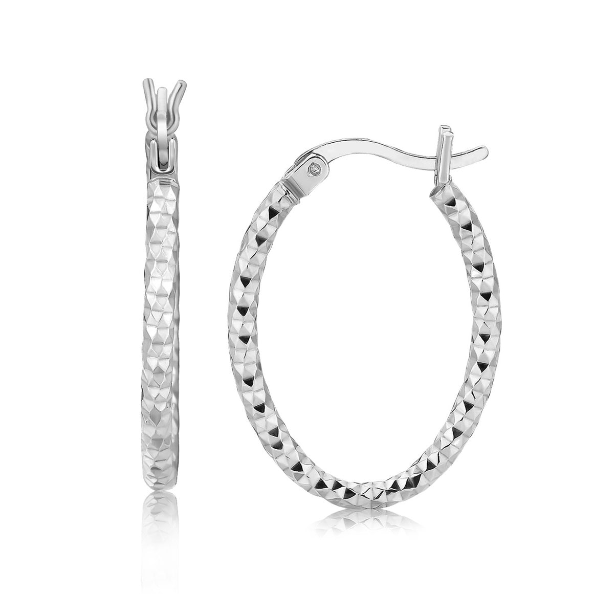 Diamond Cut Texture Hoop Earrings in Rhodium Silver (2x15mm)