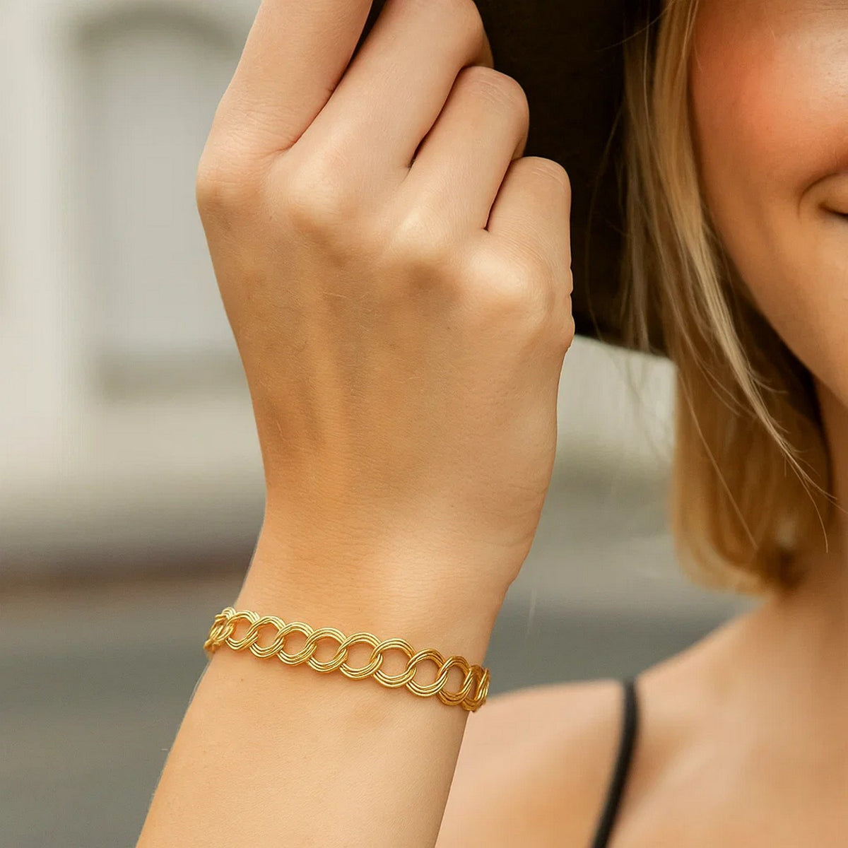 Triple Link Charm Bracelet in 14K Yellow Gold, worn