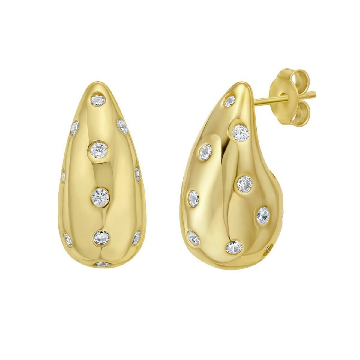 Puffed Raindrop CZ Earrings in Yellow Gold-Plated Silver
