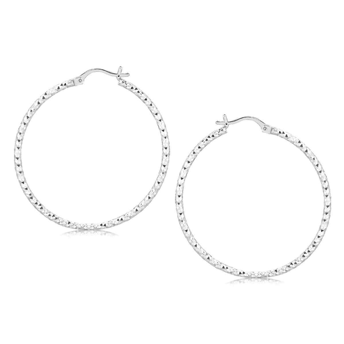 Large Faceted Hoop Earrings in Rhodium-Plated Silver (2x40mm)