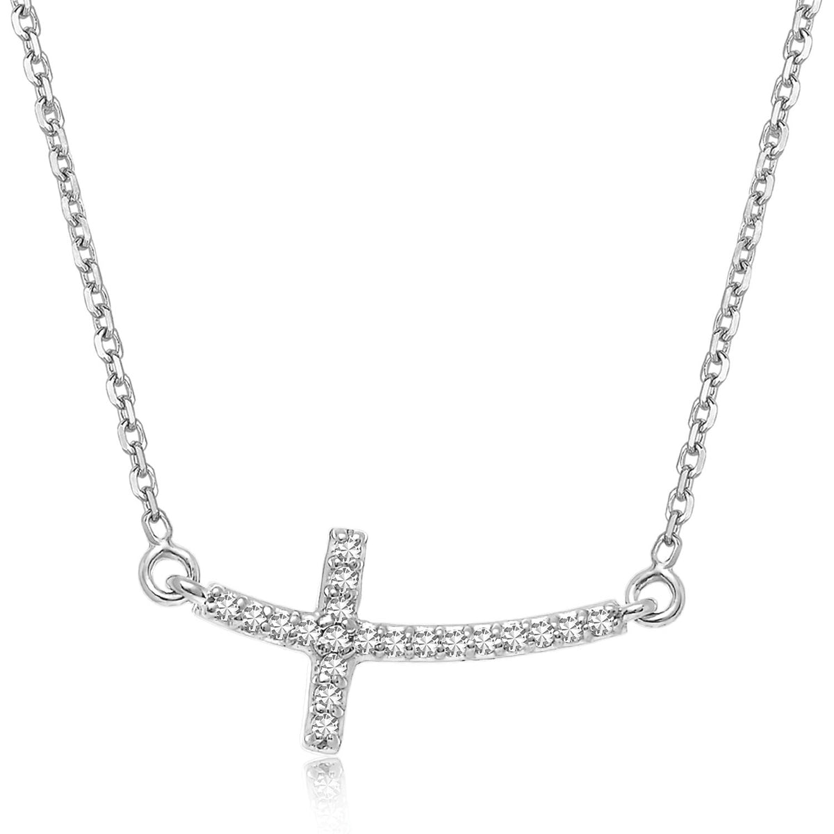 Curved Cross Diamond Studded Necklace in 14K White Gold (.11cttw)