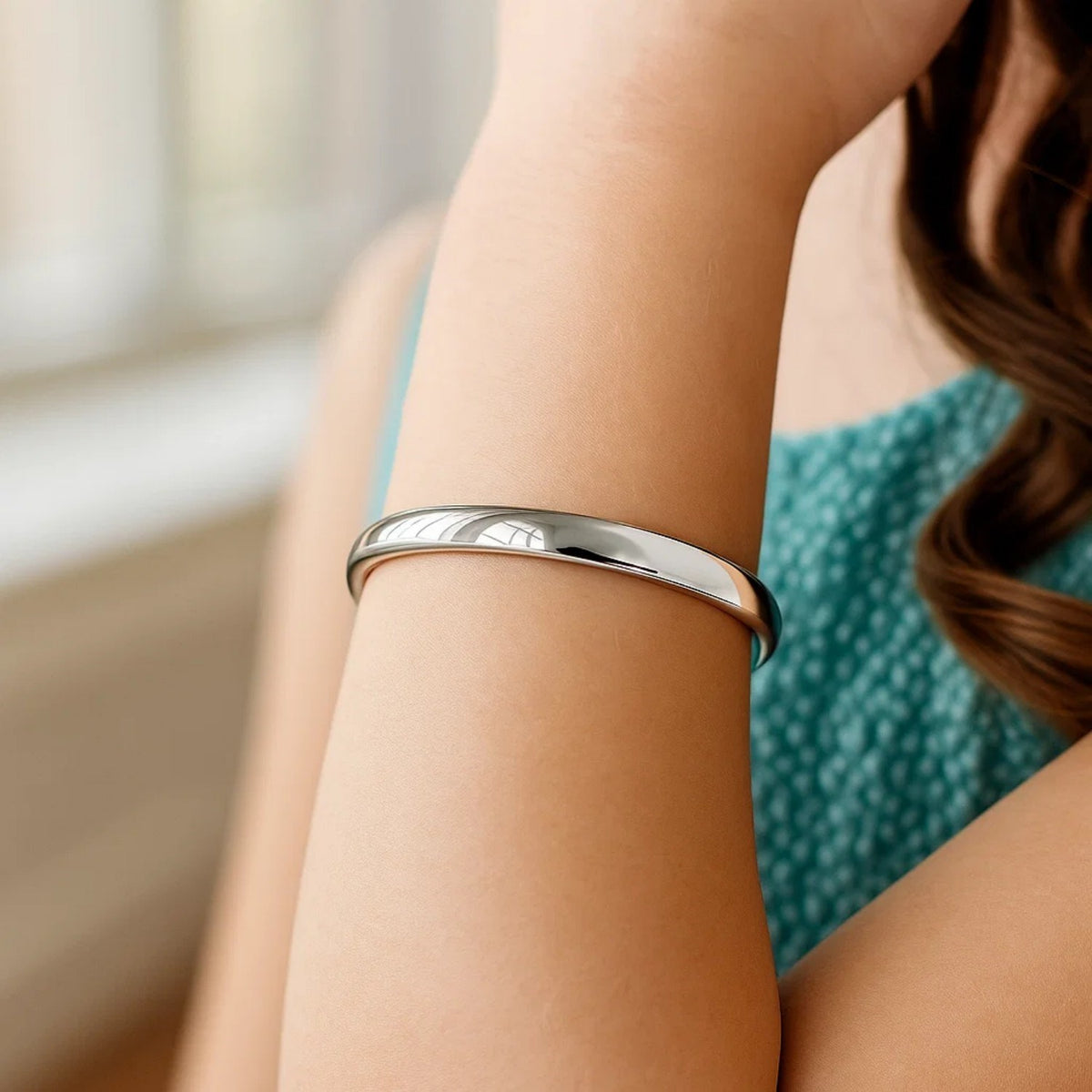 Dome Children's Bangle with a Polished Finish in 14K White Gold (5.50 mm)