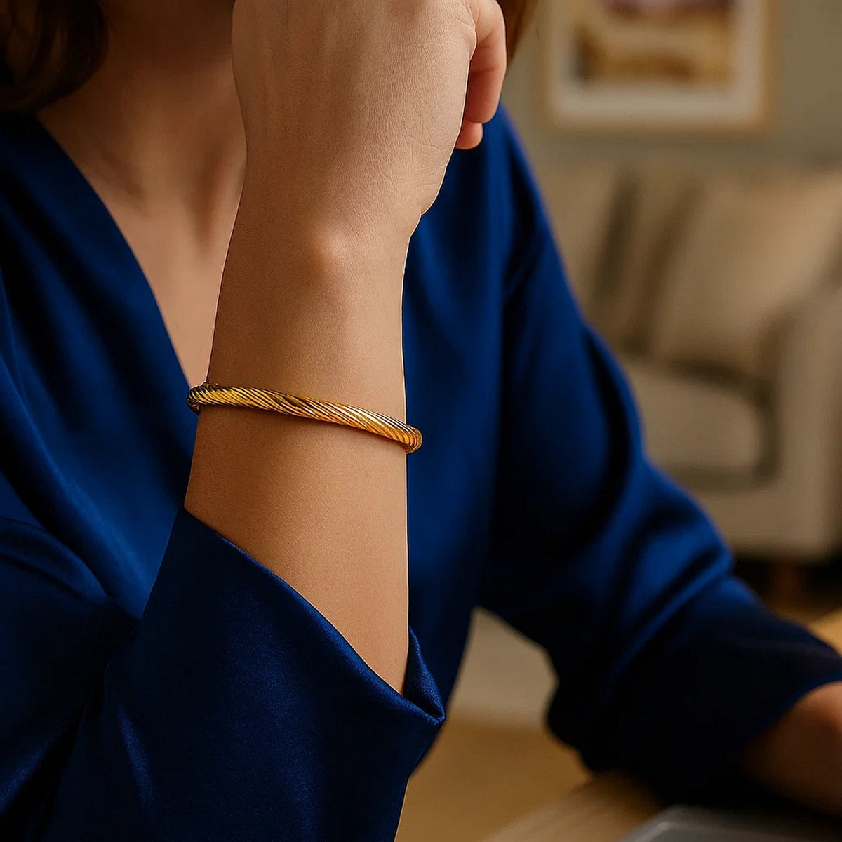 Twisted Cable Bangle in 14K Yellow Gold, worn