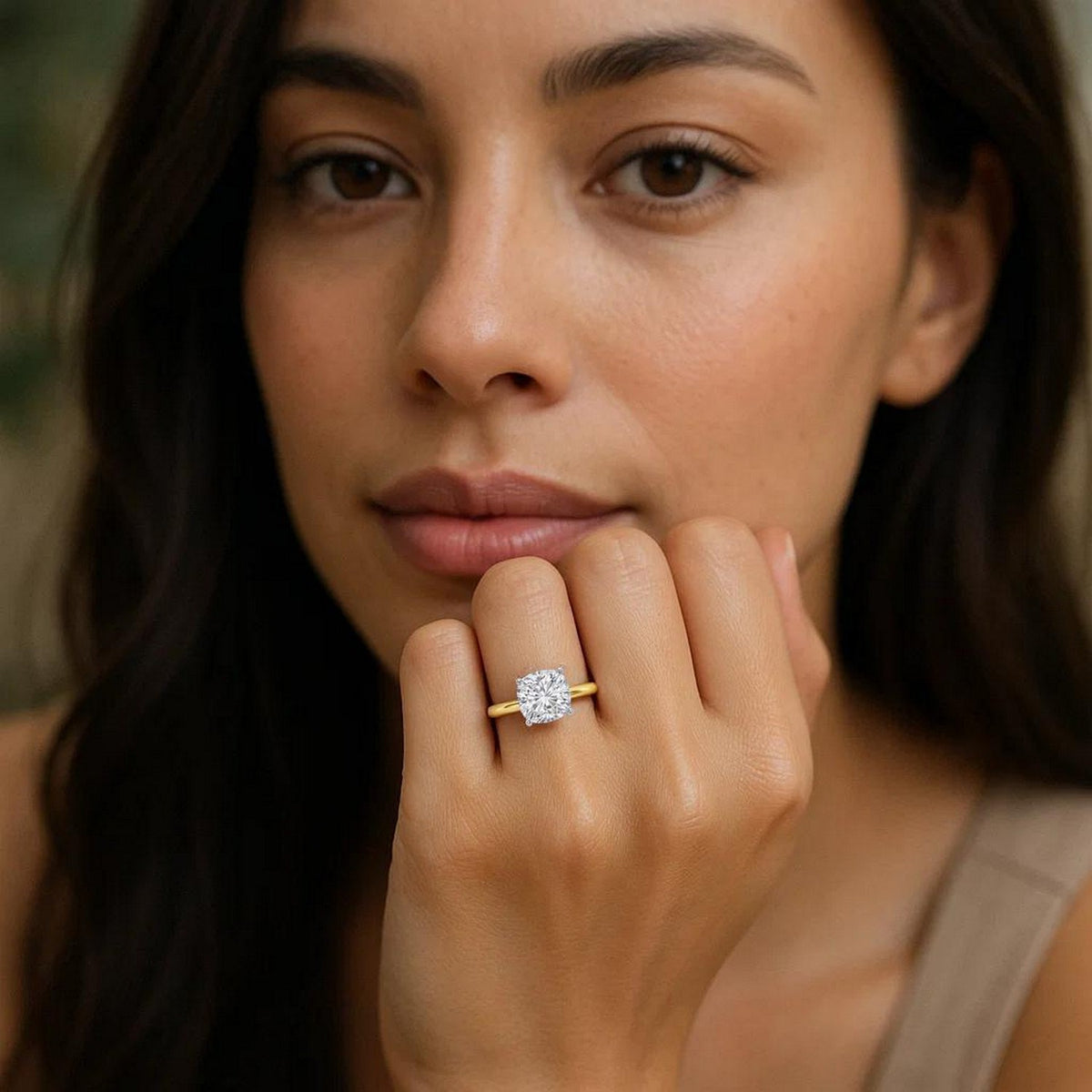 1.50 Carat Cushion Lab Grown IGI Diamond Ring in 10K Yellow Gold G/VS1
