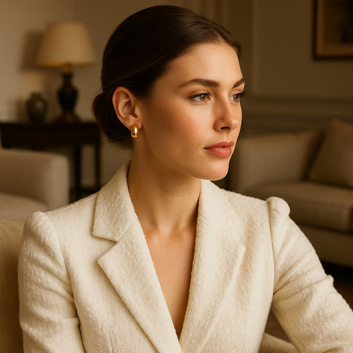 Small Wide Dome Hoop Earrings in 14K Yellow Gold, worn