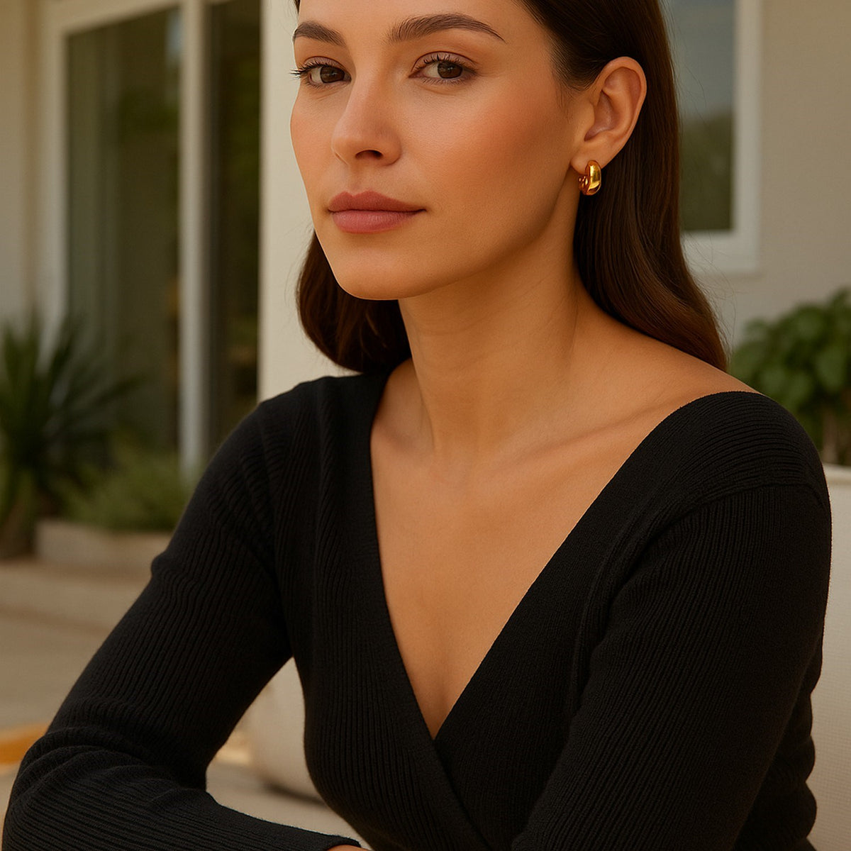 Small Wide Dome Hoop Earrings in 14K Yellow Gold, worn