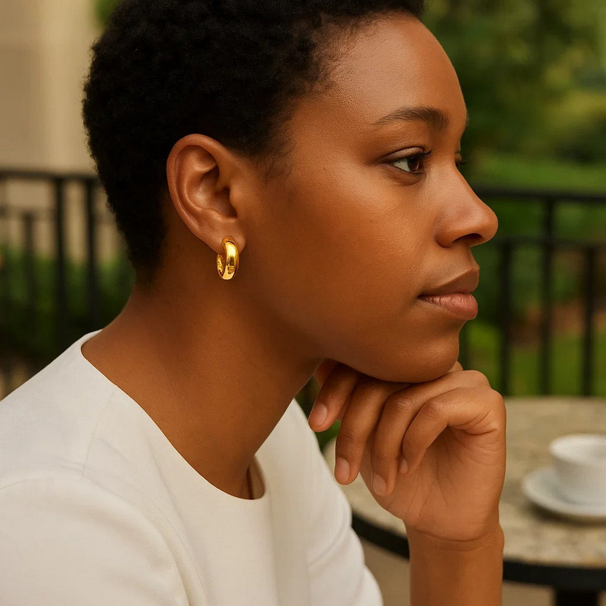 Small Wide Dome Hoop Earrings in 14K Yellow Gold, worn