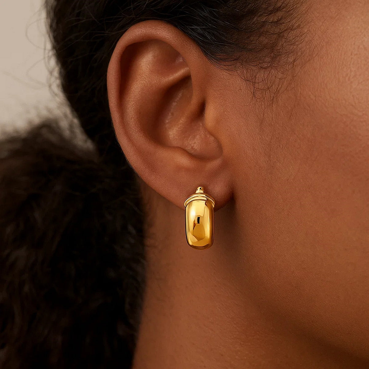 Small Wide Dome Hoop Earrings in 14K Yellow Gold, worn