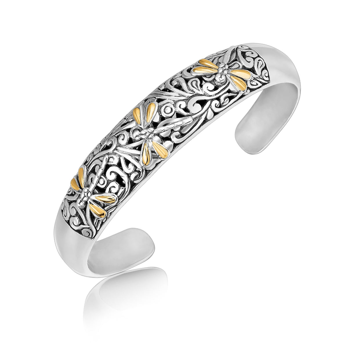 Cuff with Dragonfly and Flourishes in 18K Yellow Gold & Sterling Silver (12.70 mm)