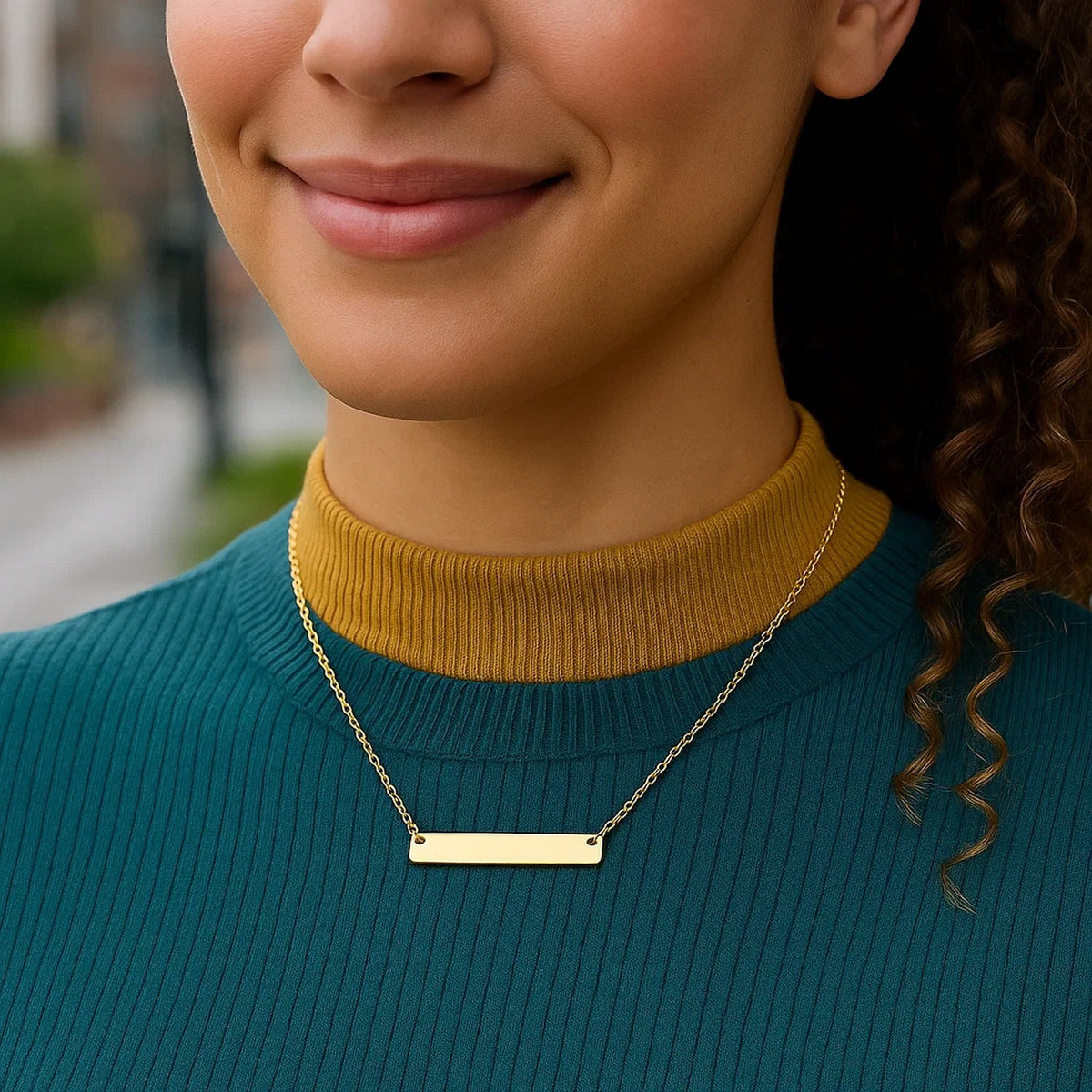 Flat Plate Bar Necklace in 14K Yellow Gold, worn