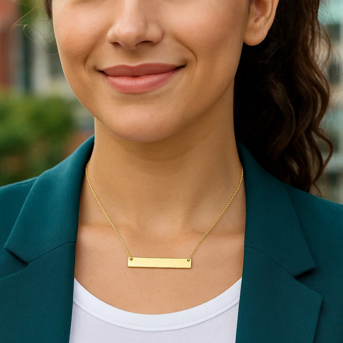 Flat Plate Bar Necklace in 14K Yellow Gold, worn