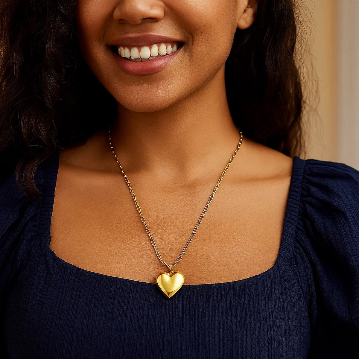 Large Puffed Heart Long Necklace in Gold-Plated Silver