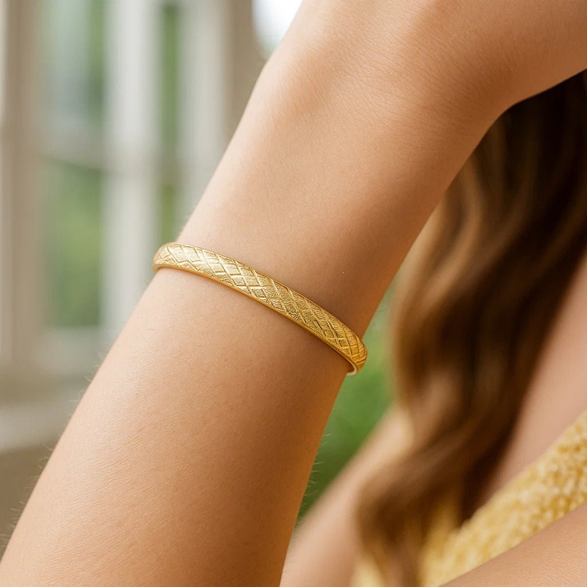 Diamond-Cut Crosshatch Bangle in 14K Yellow Gold, worn