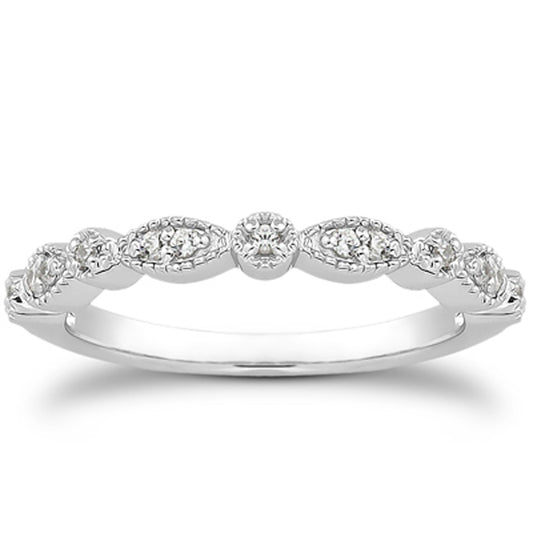 Vintage Fancy Pave Diamond Milgrain Wedding Band in 14K White Gold